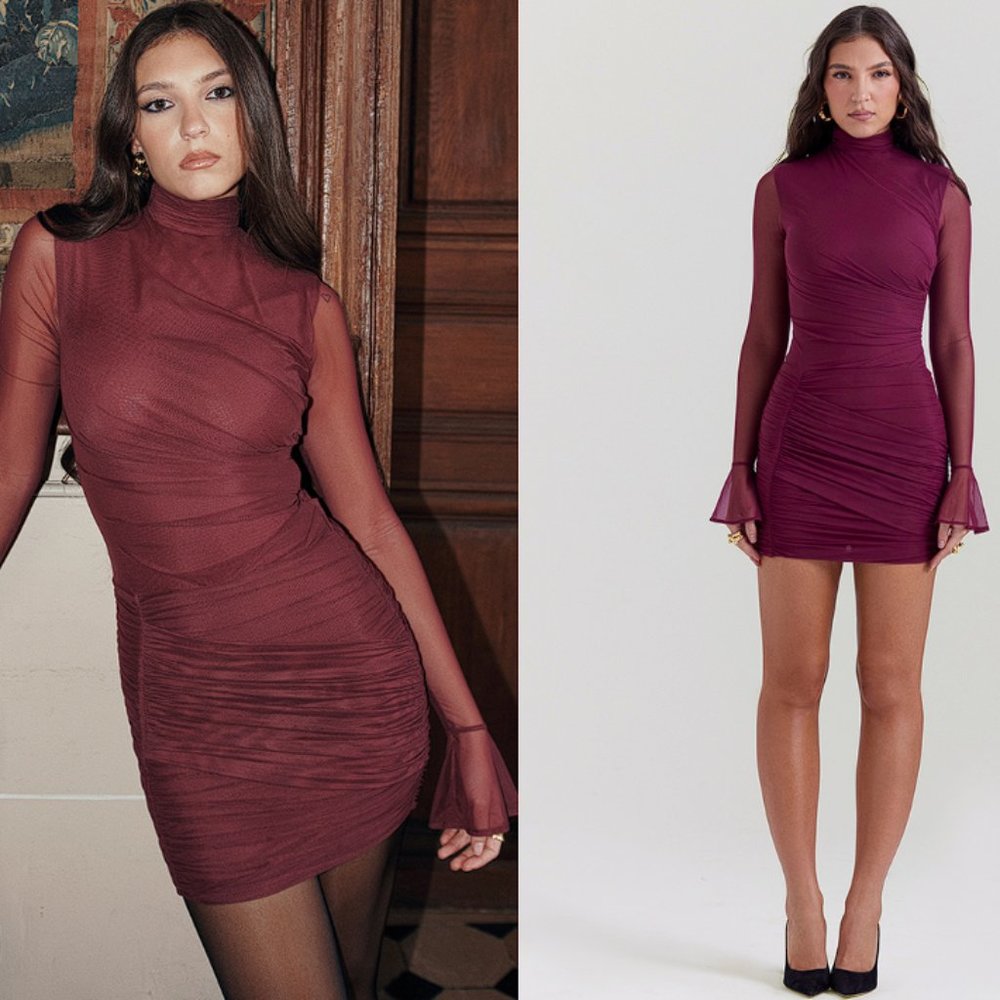 HOUSE OF CB 'Lucasta' Mulberry Gathered Mini Dress NWOT - Picture 3 of 11